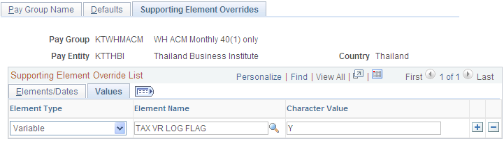 Pay Groups - Supporting Element Overrides: Values tab
