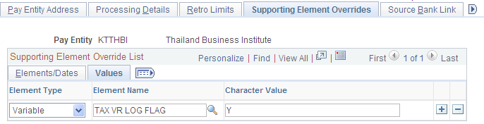 Pay Entities - Supporting Element Overrides page: Values tab