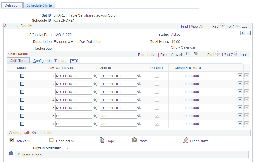 Schedule Shifts page showing the shift details for the Elapsed 8 Hour Day Definition schedule