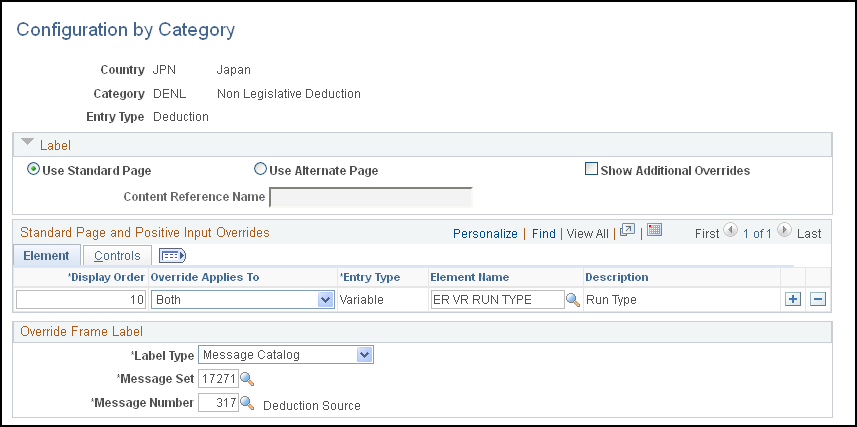 Configuration by Category page - Element tab