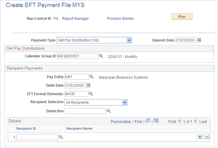 Electronic Funds Transfer page