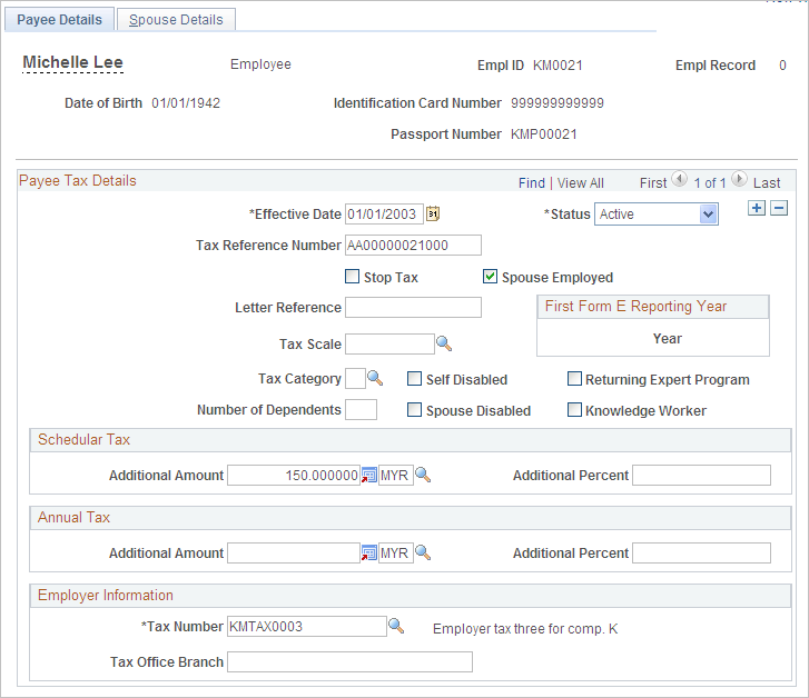 Payee Details page