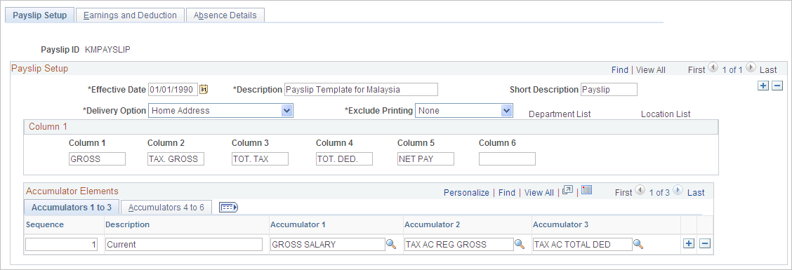 Payslip Setup page