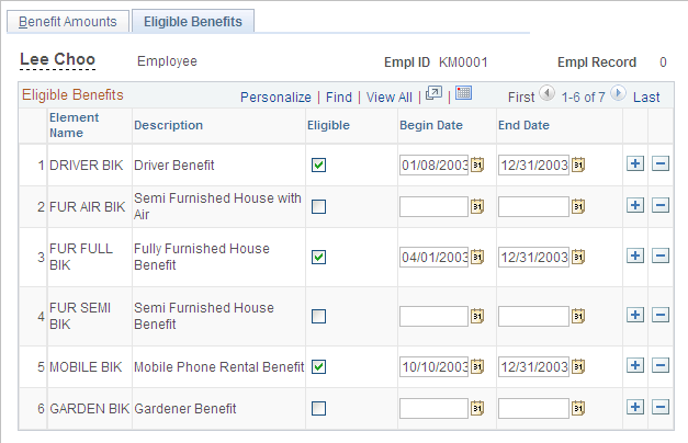 Eligible Benefits page