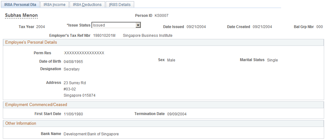 IR8A Personal Dta (personal data) page