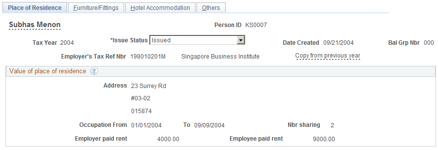 Place of Residence page