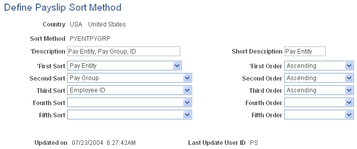 Define Payslip Sort Method page