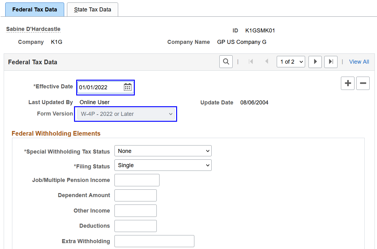 Updating federal and state tax data on or after January 1, 2022 for a payee with the 1099-R tax report type