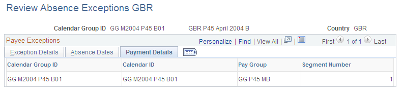 Review Absence Exceptions GBR page: Payment Details tab