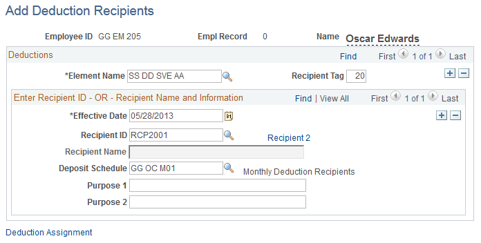 Add Deduction Recipients page (2 of 2)