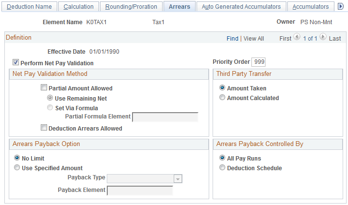 Deductions - Arrears page