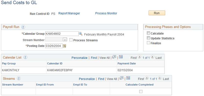 Send Costs to GL page