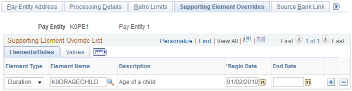 Pay Entities - Supporting Element Overrides page