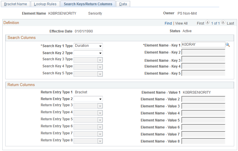 Search Keys/Return Columns page