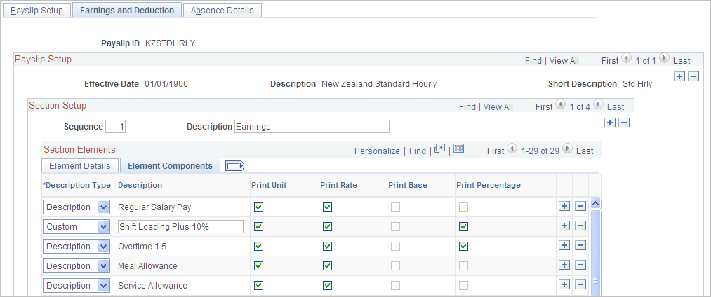 Earnings and Deduction page - Element Component tab