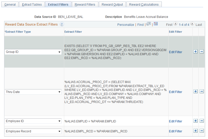 Define Reward Data Source - Extract Filters page