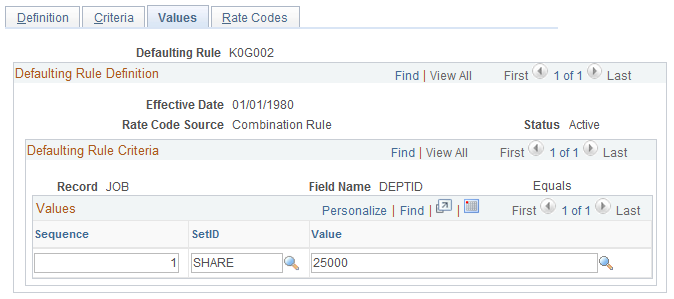 Rate Code Defaulting Rules - Values page