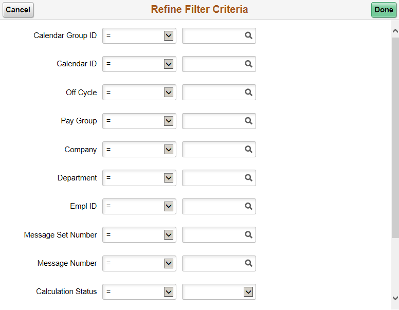 Refine Filter Criteria page