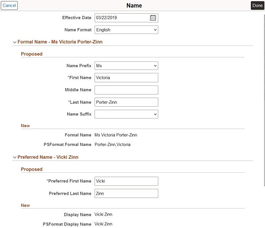 Example of a Name page showing name groups