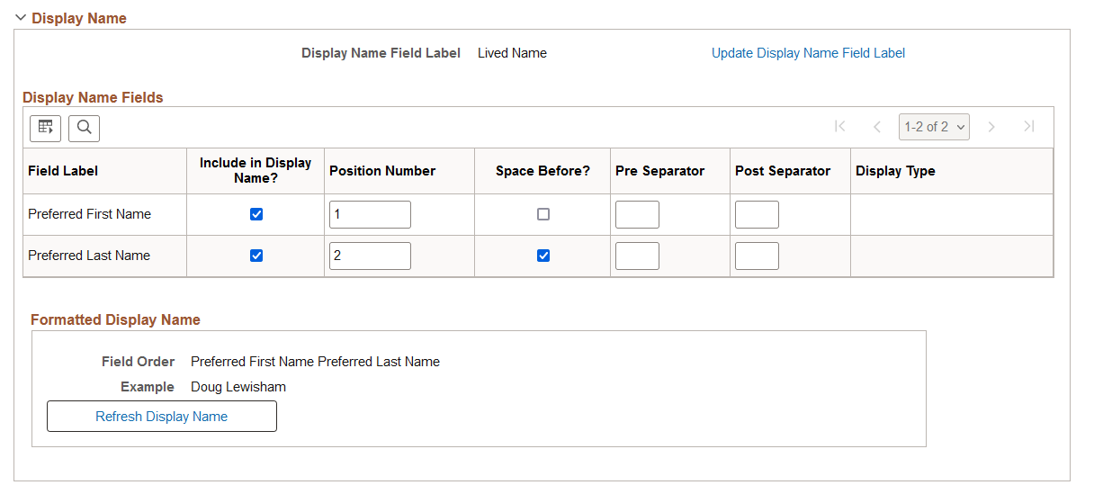 Format Name Fields page when Use Formal and Display Name Groups is enabled (2 of 2)