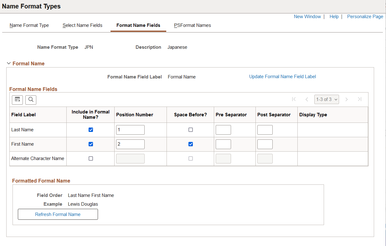 Format Name Fields page (1 of 2)