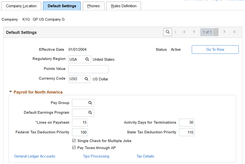 Default Settings page (1 of 7)