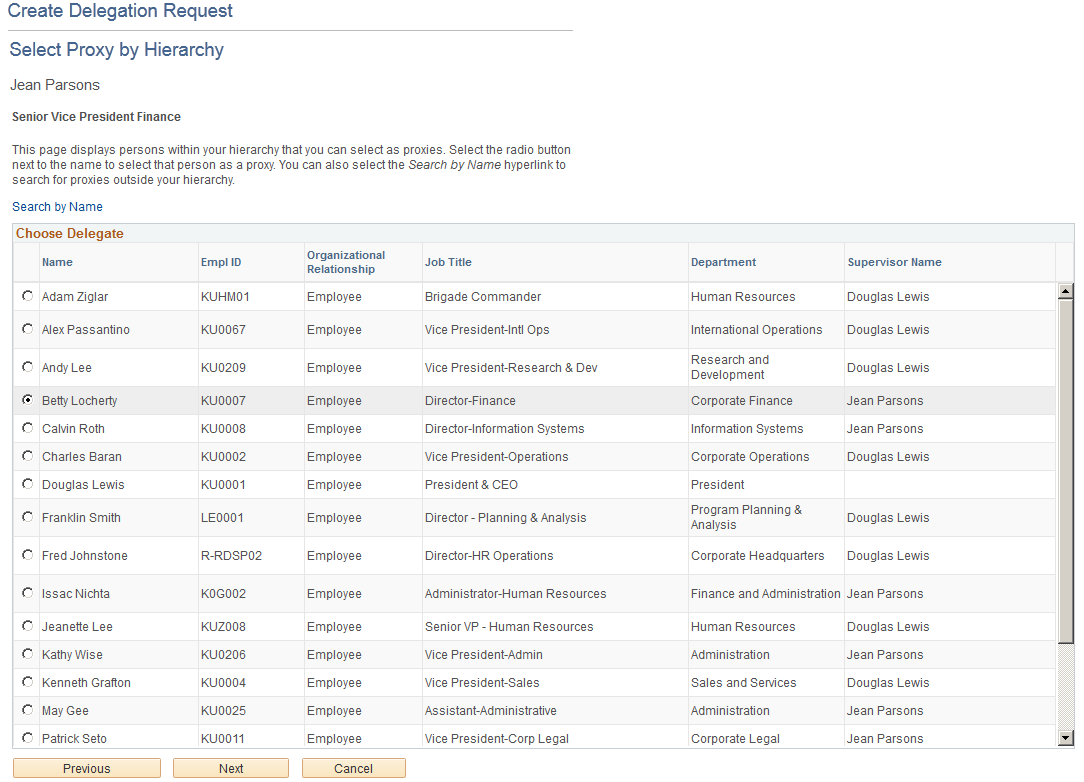 Create Delegation Request - Select Proxy by Hierarchy page