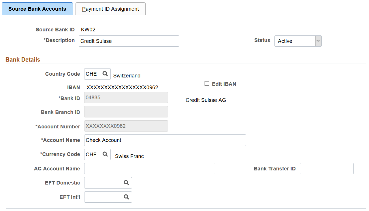 Source Bank Accounts page