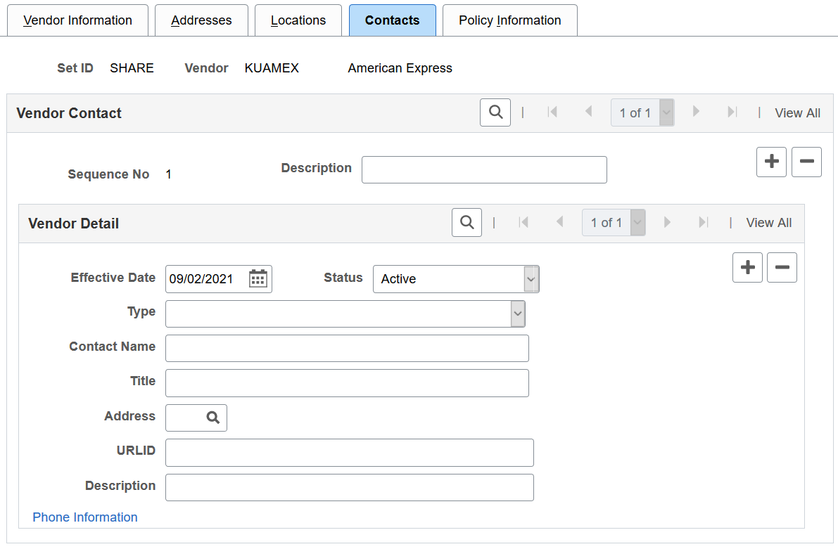 Vendor Information - Contacts page