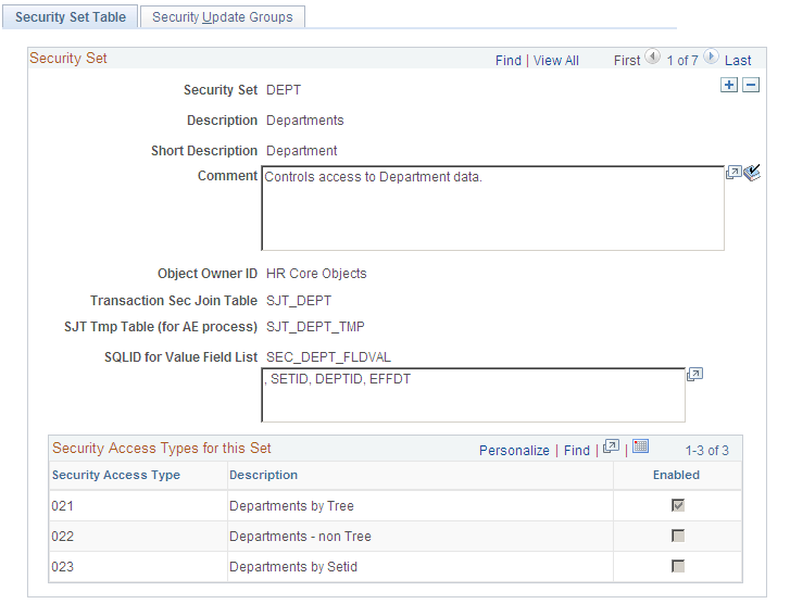 Security Set Table page