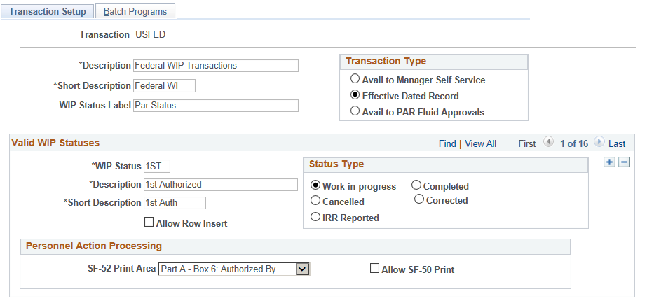 Transaction Setup page