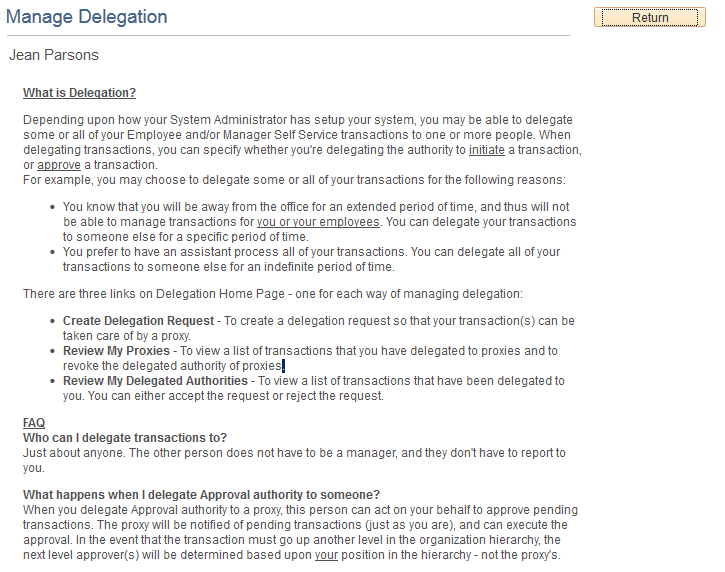 Manage Delegation - Learn More about Delegation page