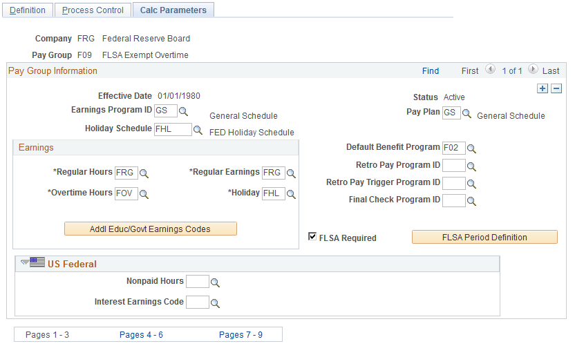 Pay Group Table - Calc Parameters page