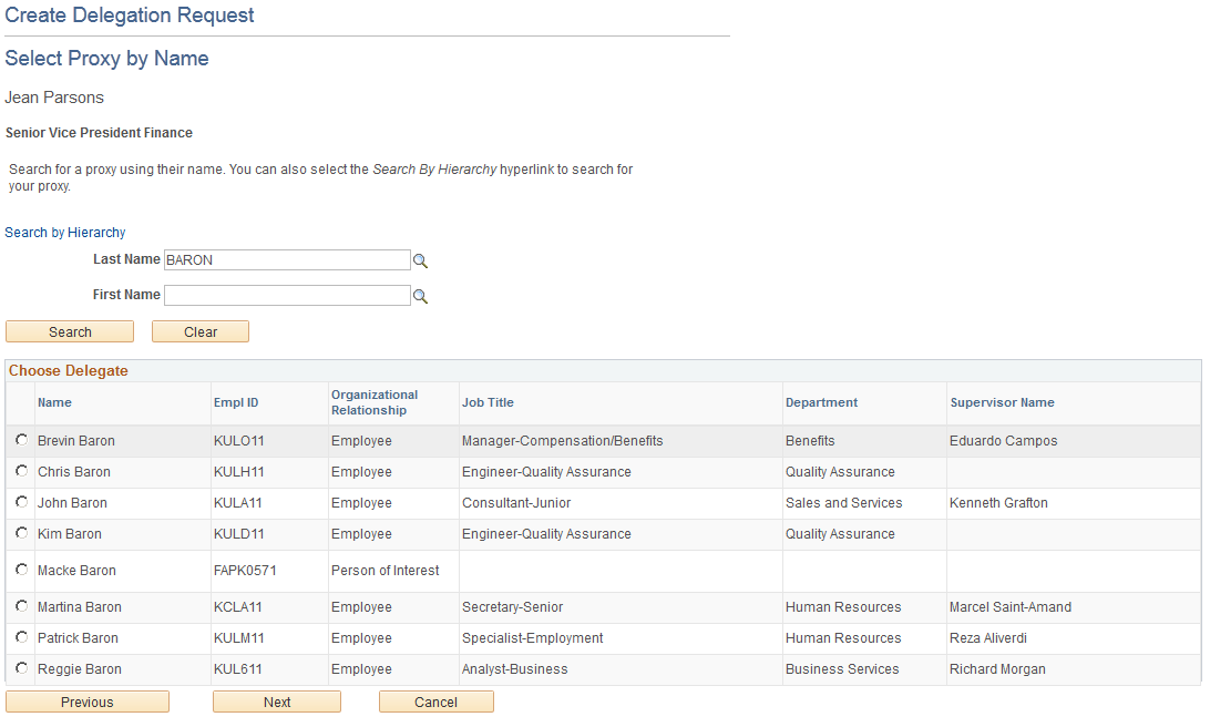 Create Delegation Request - Select Proxy by Name page