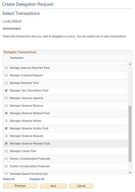 Create Delegation Request - Select Transactions page