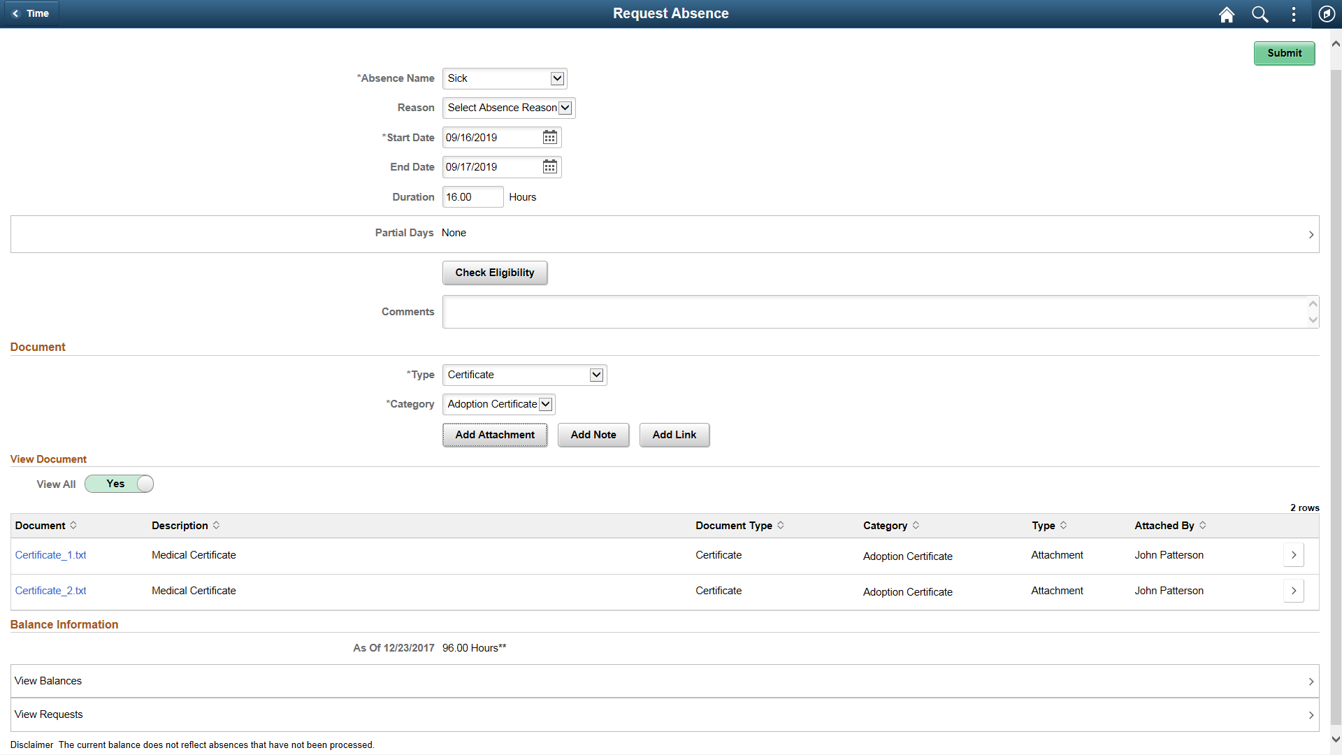 Request absence page with Multiple Entry ID