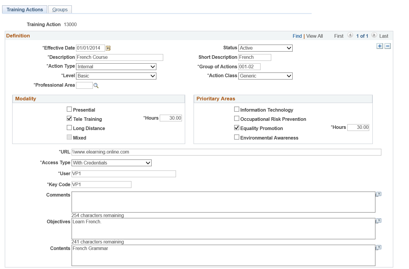 FT Actions and Groups ESP - Training Actions page