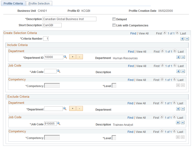 Profile Criteria page