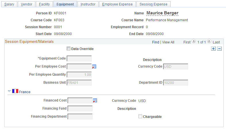 Maintain Student Costs - Equipment page