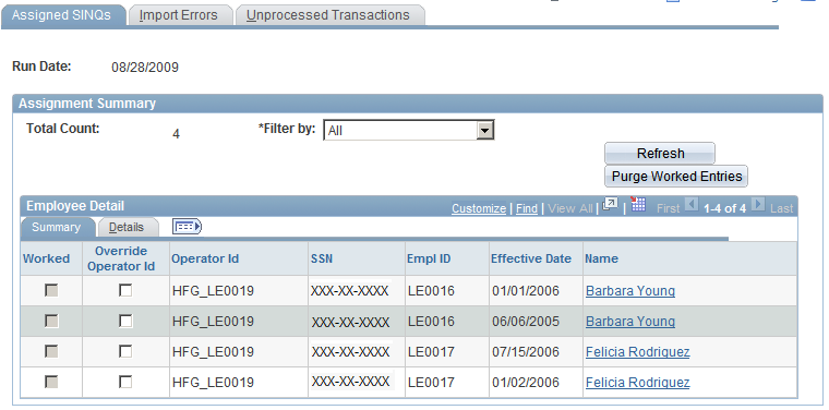 Administer PACT SINQs - Assigned SINQs page