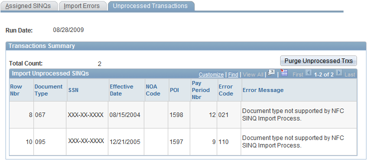Unprocessed Transactions page