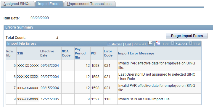 Administer PACT SINQs - Import Errors page