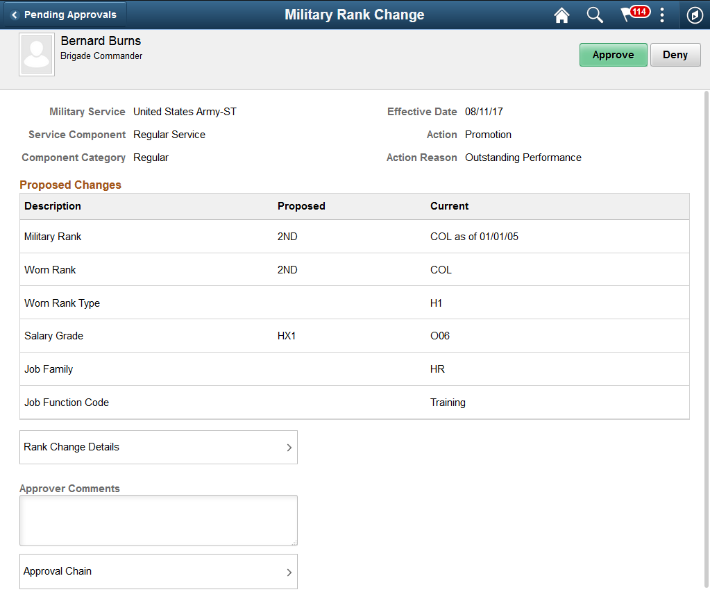 Pending Approvals - Military Rank Change page