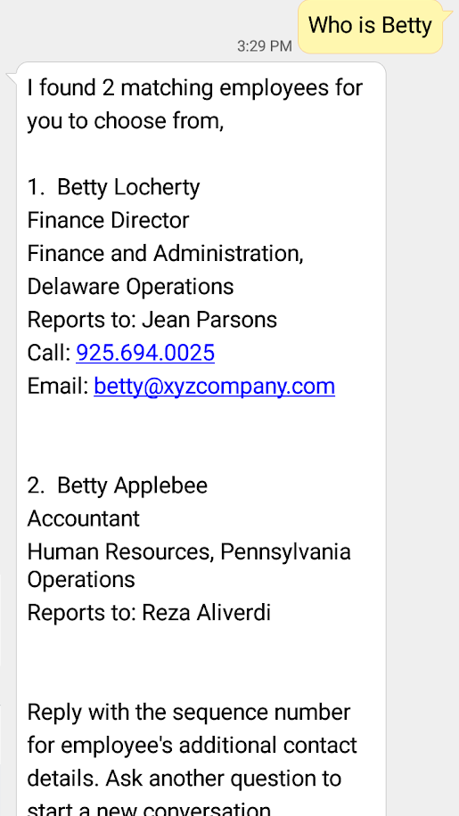 (Twilio-Based Text) Example of a Employee Directory Assistant inquiry