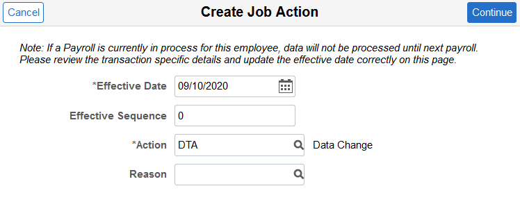 Create Job Action page