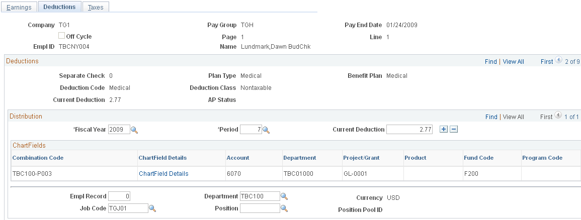 Review Actuals Distribution - Deductions page