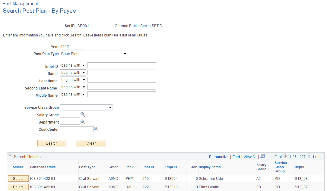 Post Management - Search Post Plan - By Payee page