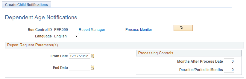 Dependent Age Notifications page