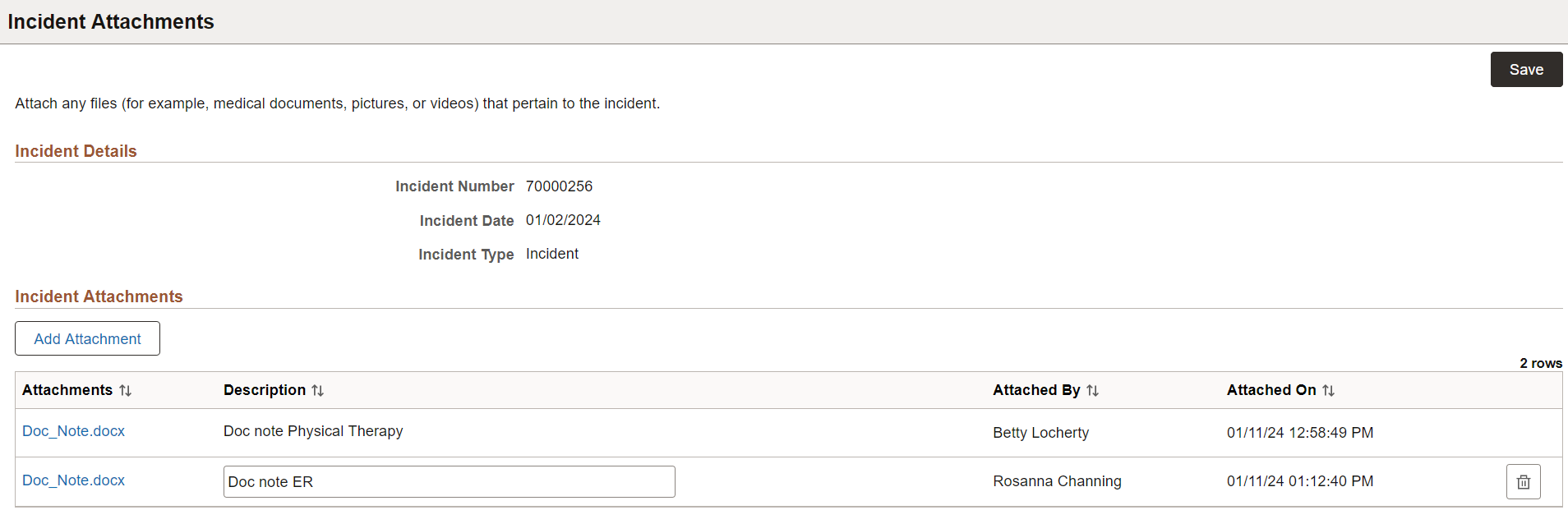 Incident Attachments page