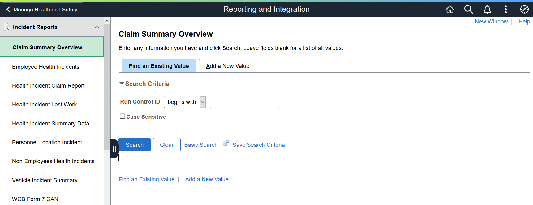 Reporting and Integration application start page